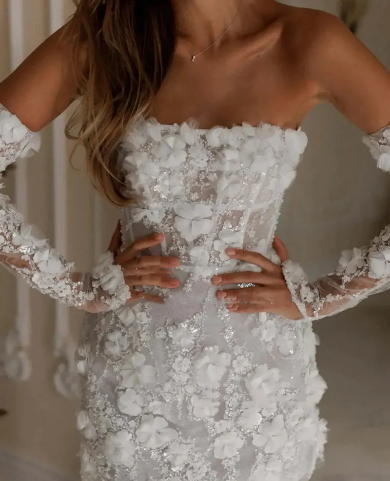 Romantic Lace Strapless sheath wedding dress with 3D Floral Appliques and Strapless Corset - Perfect for Spring/Summer Beach Weddings - Modern Robe de