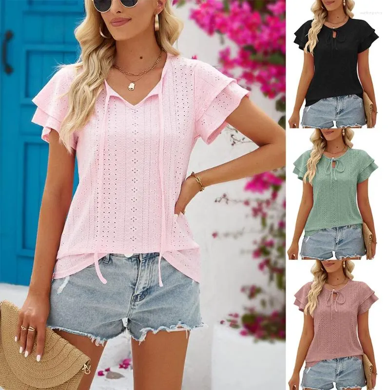 Kvinnors T -skjortor Chic Short Shirt Shorts Set: Bekväm elegant - Mjuk rosa blå denim Idealisk för avslappnade formella tillfällen