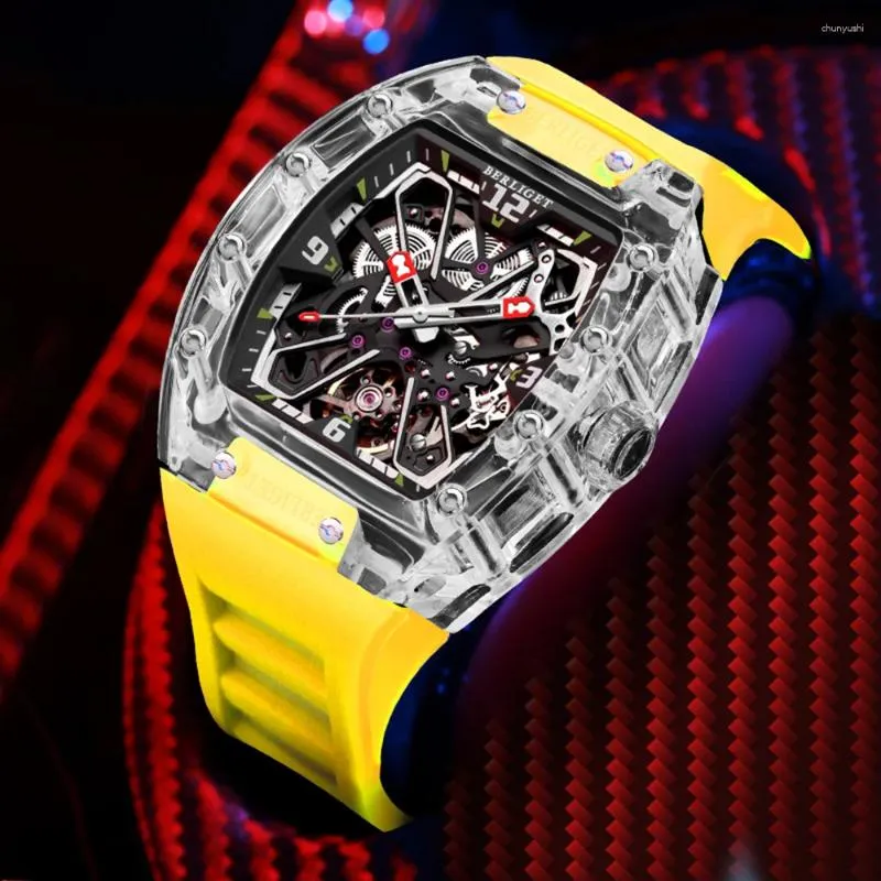 Orologi da polso BERLIGET Movimento meccanico automatico trasparente Tonneau Uomo Orologi Cassa in vetro Scheletro di lusso luminoso per uomo