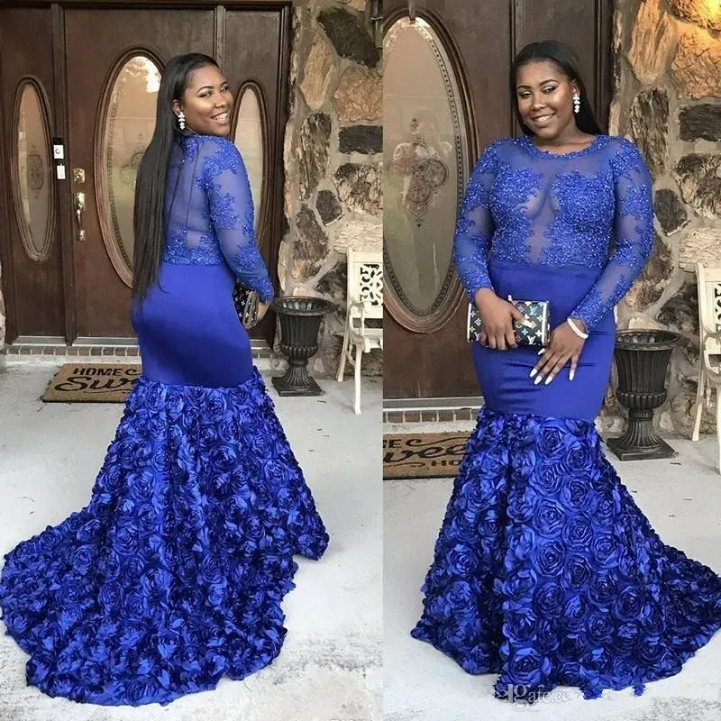 Royal Blue Black Girls Mermaid Prom Dress Long Sleeve Beads Lace African Formella aftonklänningar plus storlek Nigerian Party Dress Robes de Bal