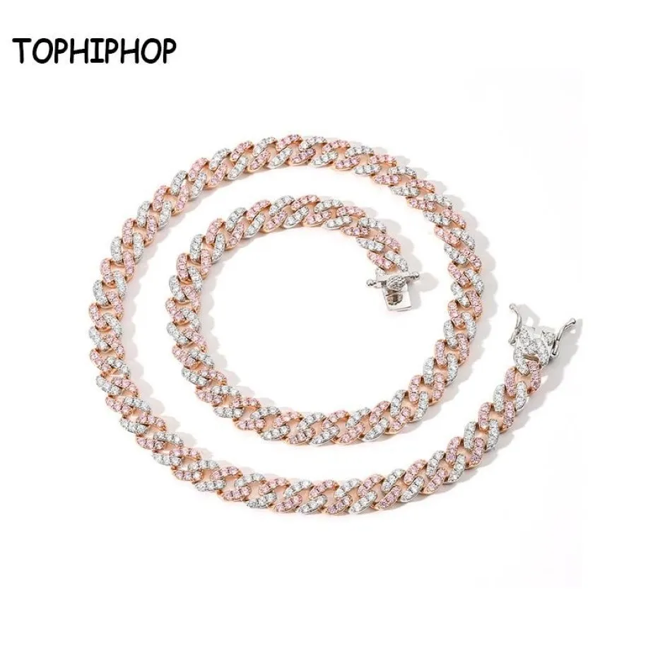 Hip Hop Necklace 9mm Single Row Pink White Zircon Cuban Chain Male And Female Hiphop Accessories Chains262F