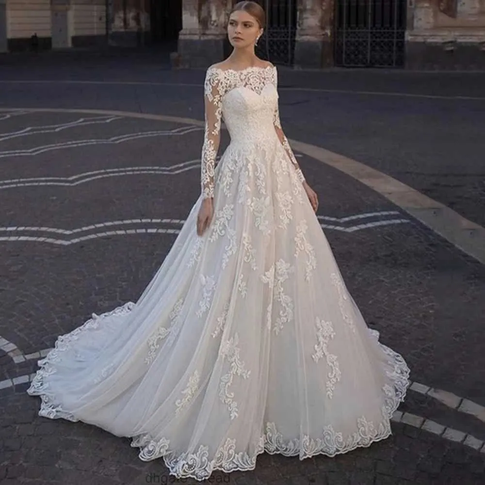 Vestido de noiva branco elegante vestido de noiva de manga comprida Button Apliques de renda de luxo de luxo Trem vestido de noiva Torre