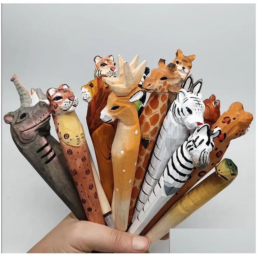 carved wood pen wild ocean animals gel pens stationery hand painted creative vintage wooden writpen school office supply christmas party