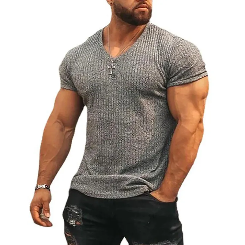 Hommes col en V à manches courtes T-shirt Fitness Slim Fit T-shirt de sport bandes de mode solides Tees hauts été tricoté vêtements de sport 240320