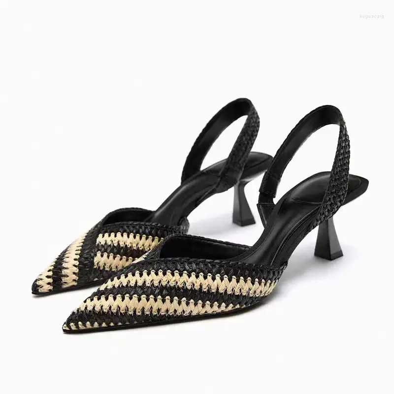 Casual Shoes TRAF Women Low Heel 2024 Leisure Chic Stripe Weaving Texture Stilettos Khaqi Black Slingback Sandals For Woman