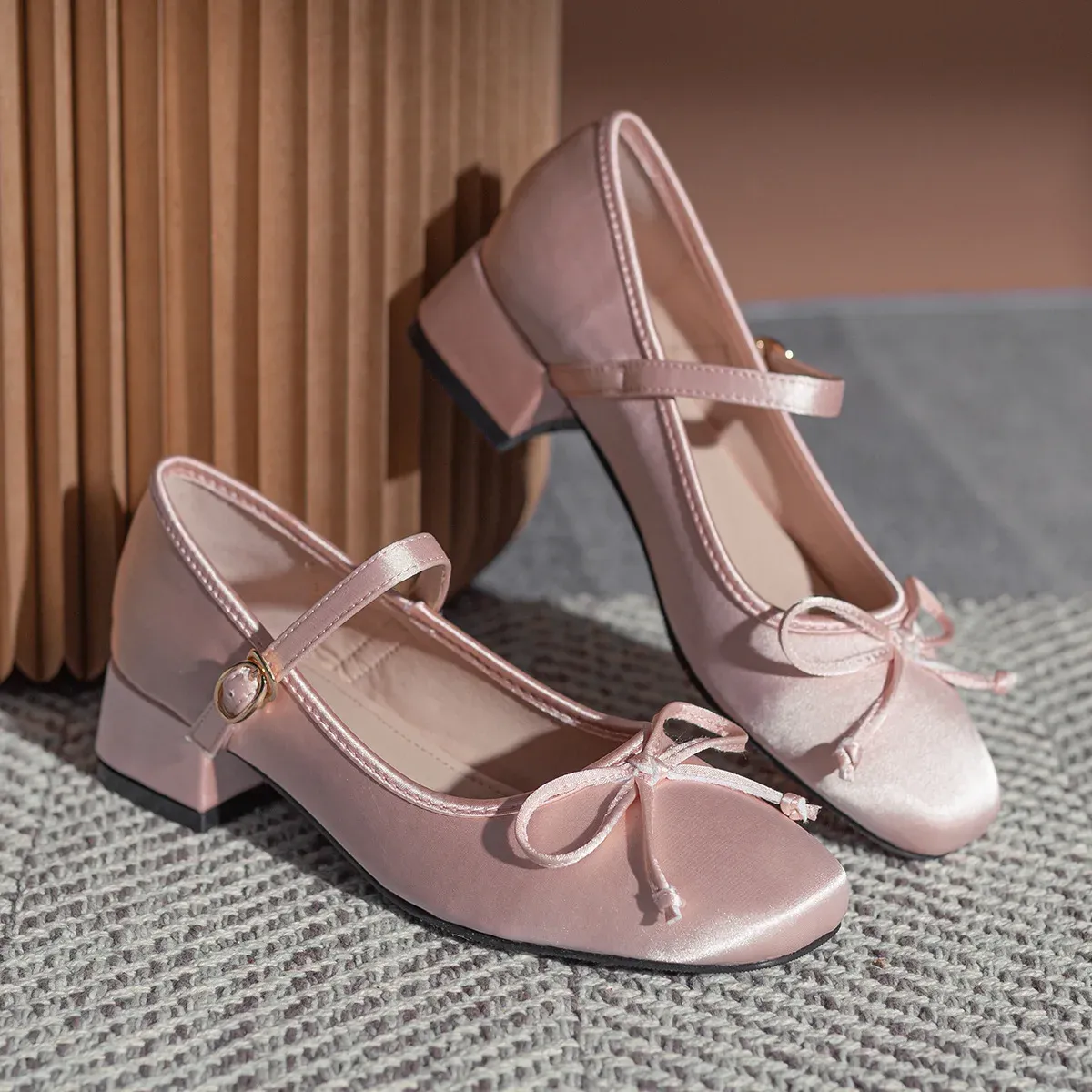 Pumps Med High Heels Bowtie Ballerina Frau Seidengurt Pumps Pink Dance Ball Party Schuhe Hochzeit Mary Janes Traf Tacones