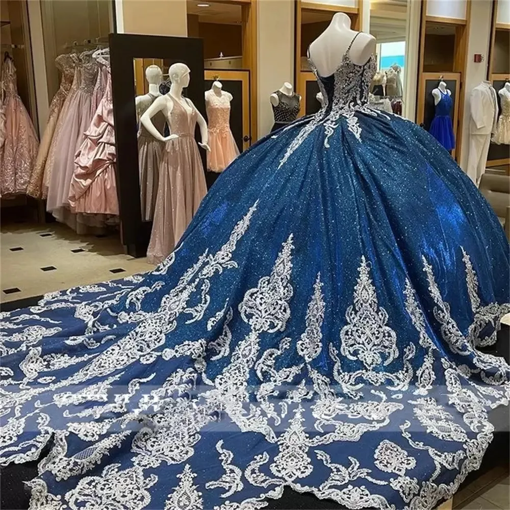 Королевское синее бальное платье с открытыми плечами Платье Quinceanera из бисера с накидкой Сверкающий корсет принцессы с кружевными аппликациями Сладкие выпускные платья 1516 BC15345 0321