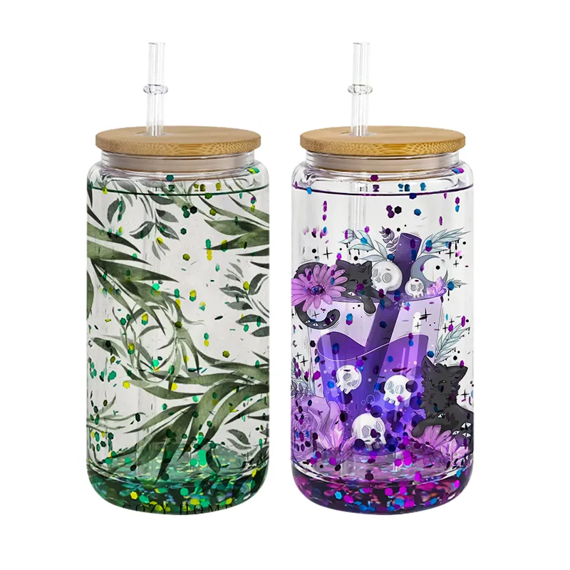 Sublimatie 16oz Sneeuwbol tuimelaar dubbelwandige glazen bekers met bamboe deksels voor Vinyl UV DTF sticker Zomer Drinkware Mason Jar drinkbekers