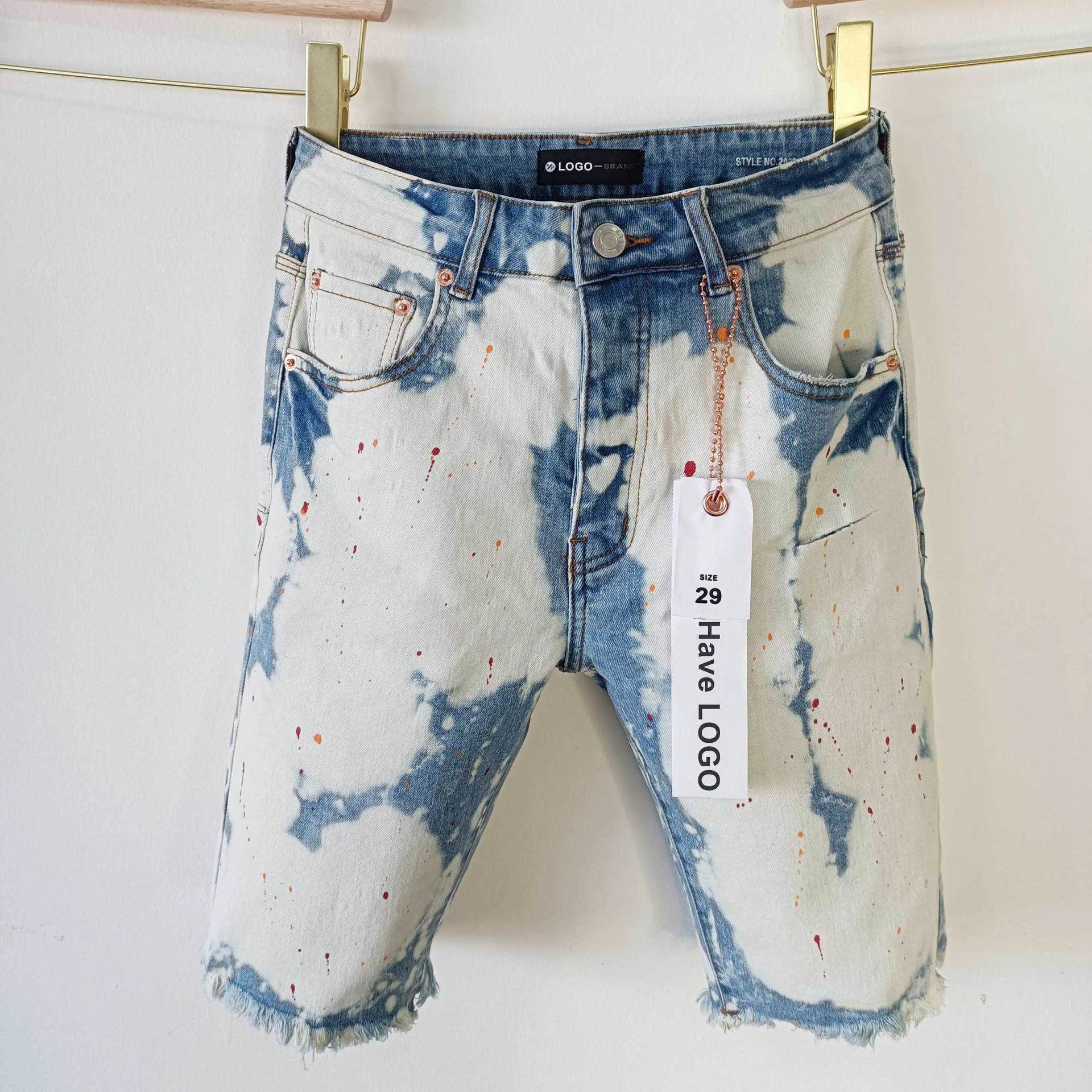 Primavera/verão nova marca roxa na moda calças médias com bordas elásticas cor clara irregular shorts jeans lavados