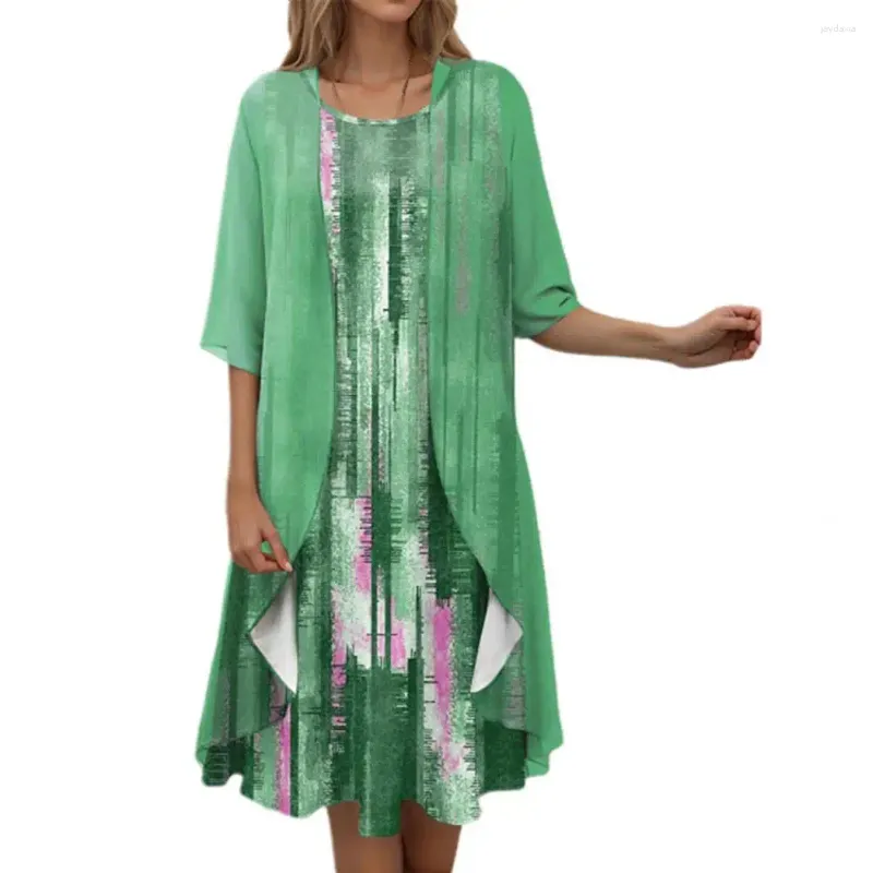 Casual Dresses Summer Dress Slim Shape Elegant Printed Chiffon Coat Set med oregelbunden hem ärmlös midi cardigan kvinnor för alla