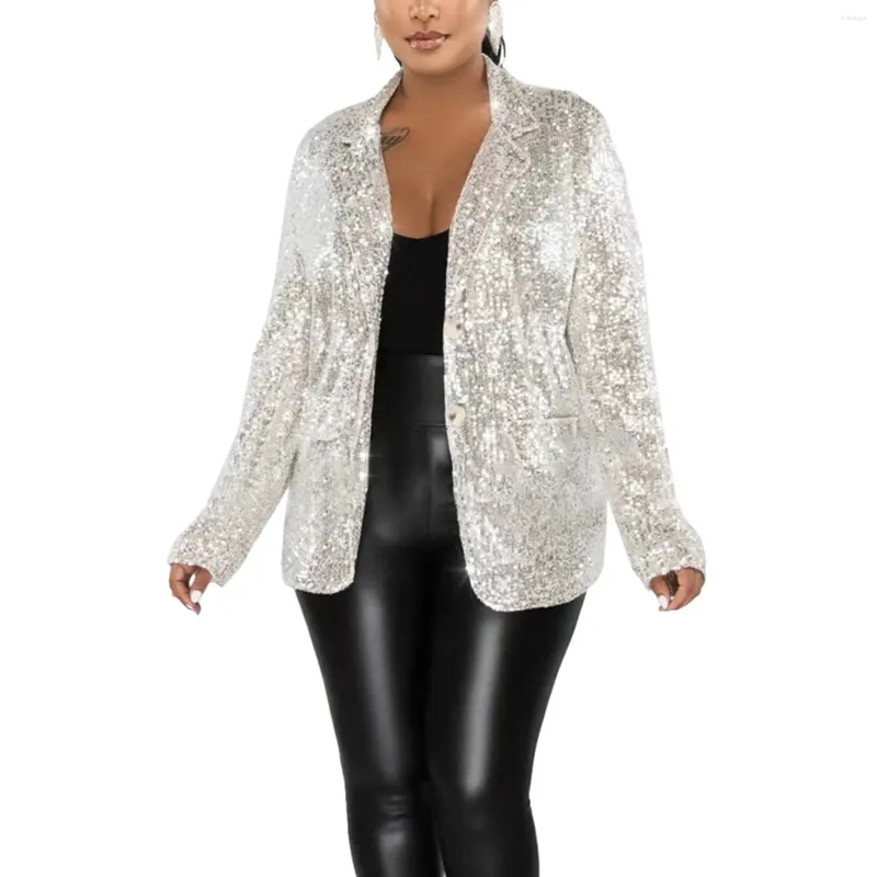 Vestes Femmes Veste à paillettes brillantes pour femmes Performance Discothèque Costume Blazer à manches longues Revers Costume de bal Manteau avec poches Argent