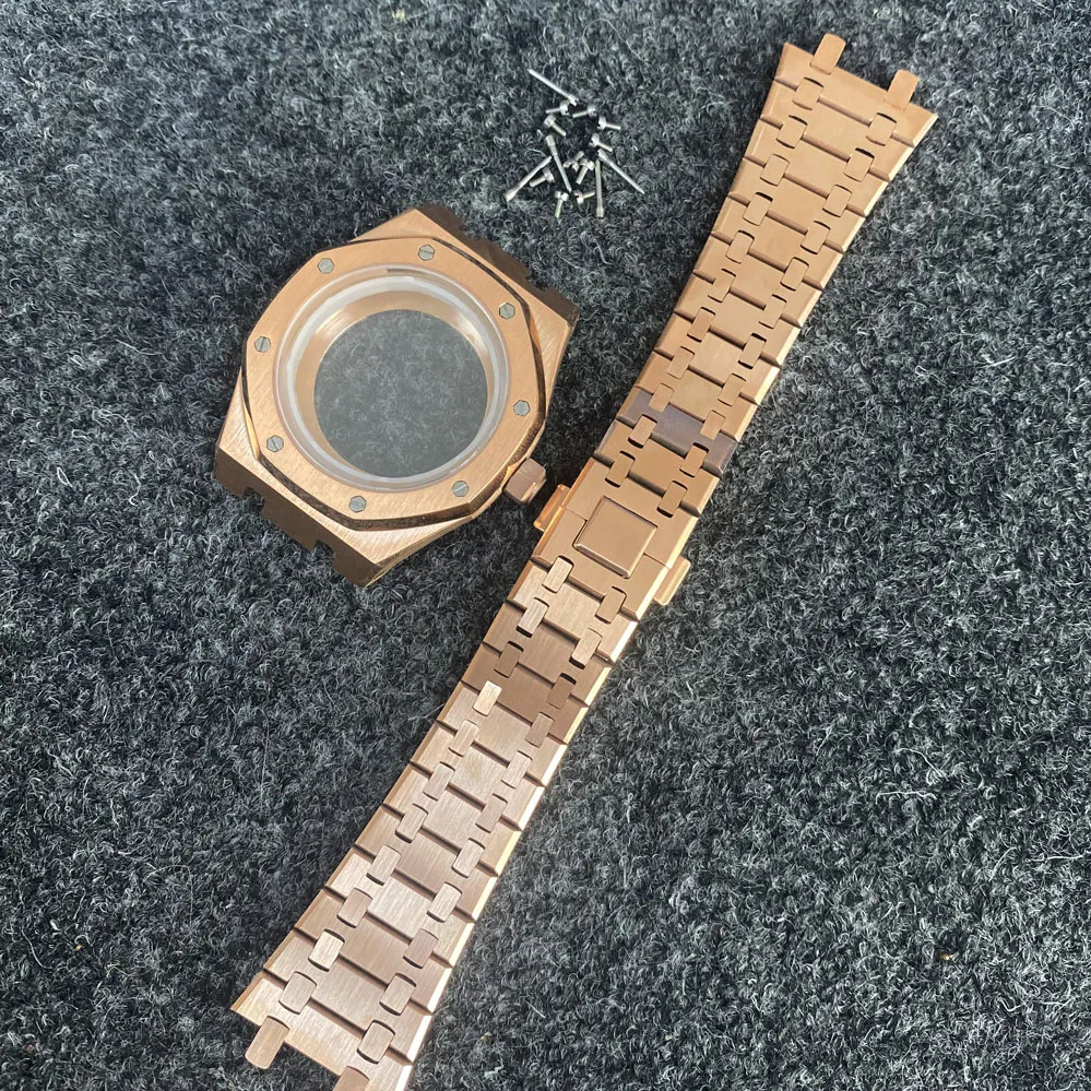 Un ensemble complet de boîtier en or rose électrolytique PVD avec bracelet en acier de précision de 41 mm adapté à la machine NH35/36 Surface miroir Blue Treasure