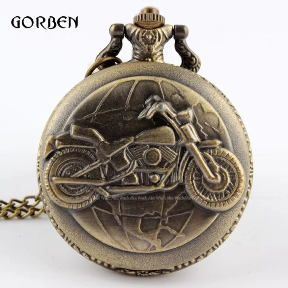 Relógio de bolso de bronze para motocicleta, colar com pingente, corrente vintage, moto, relógio de bolso de quartzo, presentes unissex, relógio de bolso1196e