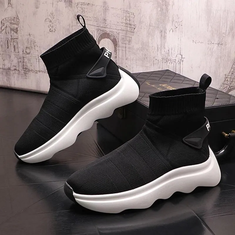 Casual Buty Streets Streets Black High Tops for Men Air Mesh Platforma Przyczynowo oddychające dzianinowe skarpetki