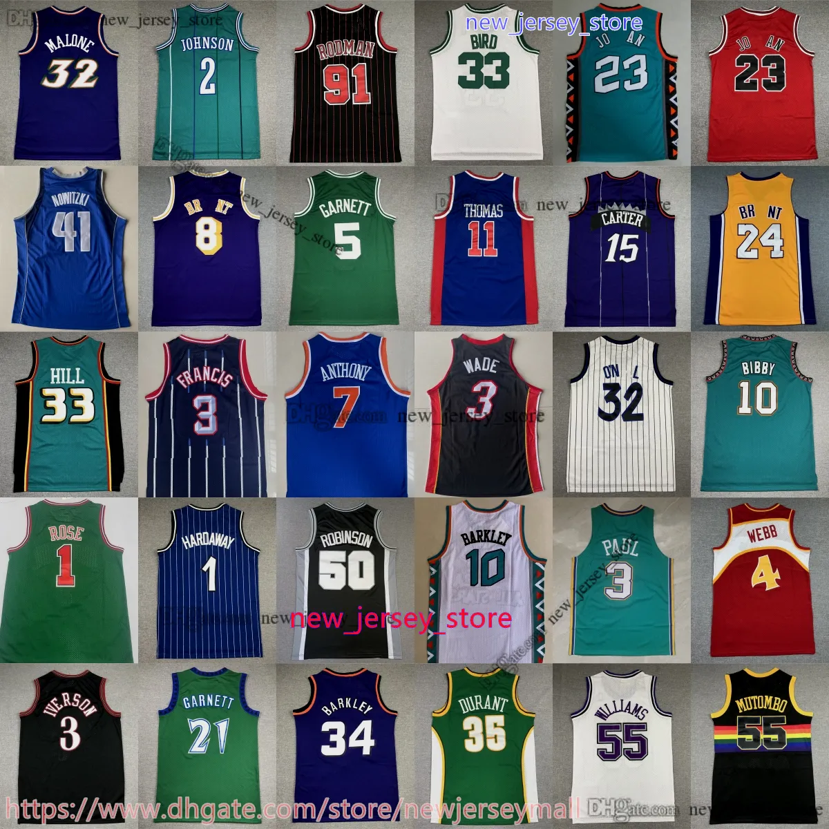 Maglia da basket vintage classica Michael Bryant Carter Durant Shaw Kemp Gary Payton Ray Allen Barkley McGrady Iverson Malone Ewing Bird Pippen Mutombo Maglie