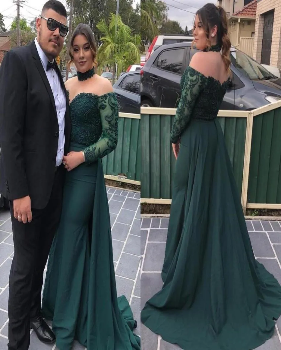 Plus Size Hunter Green Mermaid Prom Dresses High Neck Long Sleeve Illusion Bodice Appliques Beads Long Formal Evening Gowns See Th4193822