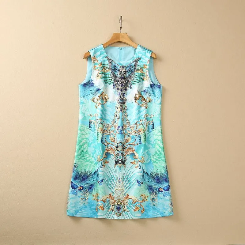 캐주얼 드레스 유럽과 미국 여성 의류 2023 봄 새 소매 소음 무거운 스티칭 비즈 블루 프린트 세련된 드레스