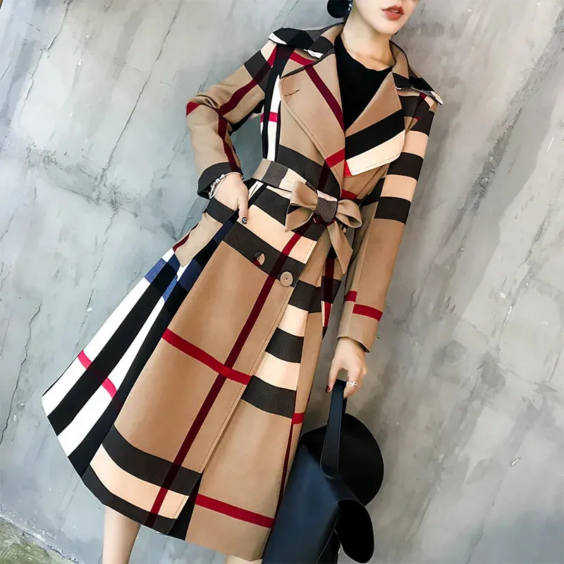 American Womens Autumn and Winter Plaid Lapel Mid Length Color Matching Retro Trench Coat Long Sleeve Coat Windbreaker 240311