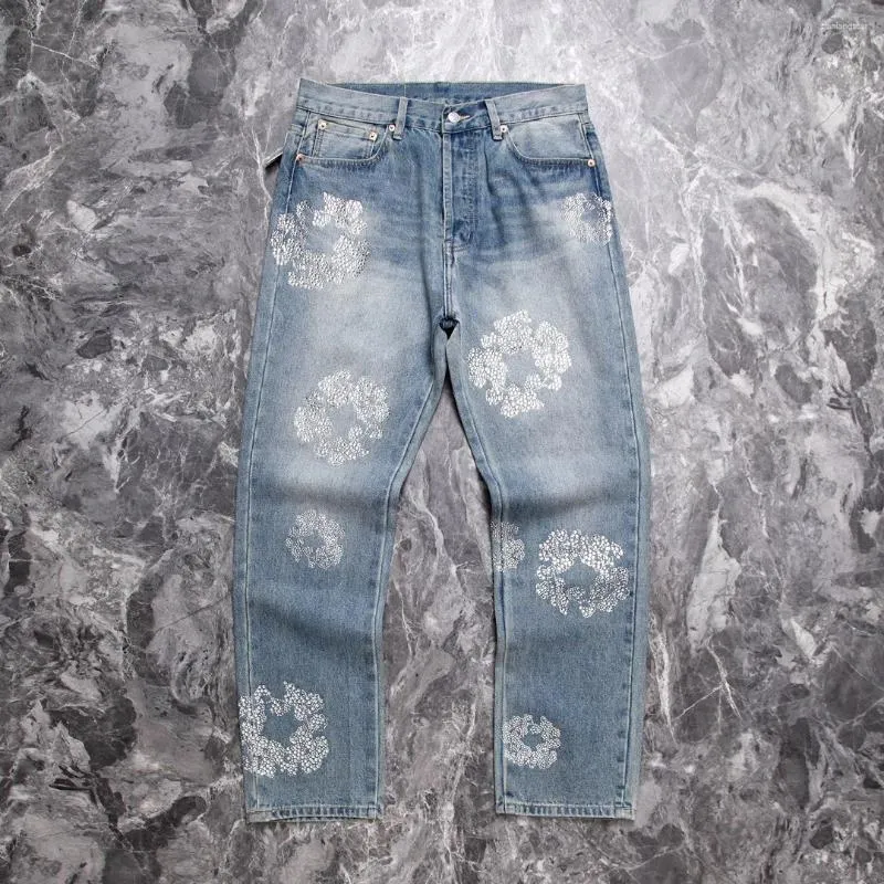 Jeans pour hommes incrustés de diamants lavés polyvalents décontractés pantalons de mode hommes femmes