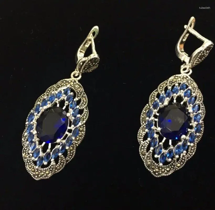 Brincos pendurados vendem moda feminina genuína prata 925 grande 2 "/5 cm estilo arte de cristal azul marcasite