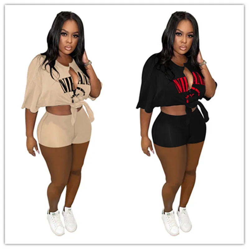 2024 Designer Tracksuits Summer Outfits Women Two Piece Set Short Sleeve Bandage Letters Shirt Shorts Black Sweatsuits Casual Wholesale Clothes 10822