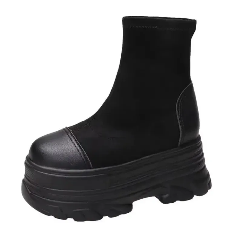 Buty moda Wysokiej jakości buty damskie obcasy klinowe zamszowe elastyczne 10 cm platforma kostki buty swobodne buty z zamkiem czarną sprężyną
