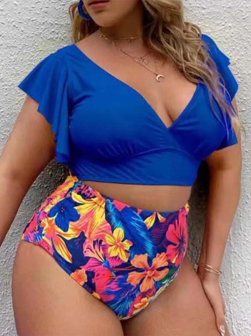 Costumi da bagno da donna Plus Size Maniche con volant Bikini a vita alta Scollo a V Push Up Costume da bagno grande 2024 Mujer Big Tummy Control