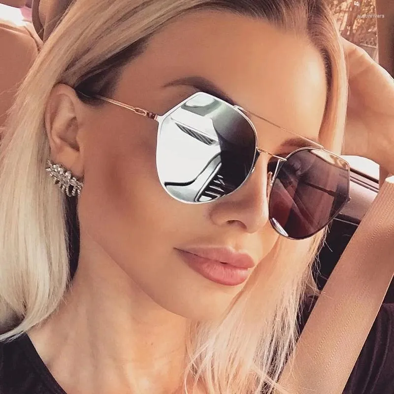 Solglasögon Brand Designer 2024 Silver Twin-Beams Sun Glasses Women Men Aviation Metal Frame Mirror Driving Eyewear UV400