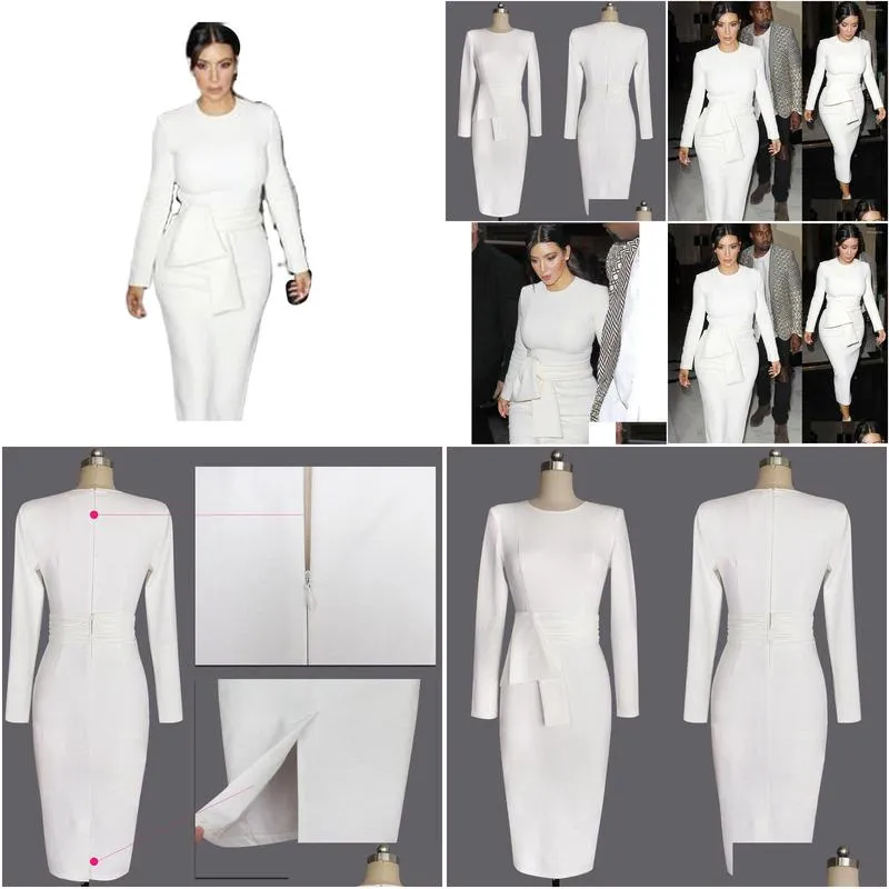 Casual Dresses Autumn Winter Long Sleeve White O Neck Belted Plain Dress Office Formal Women Sexig BodyCon Bandage Elegant Party Slim Dhsae