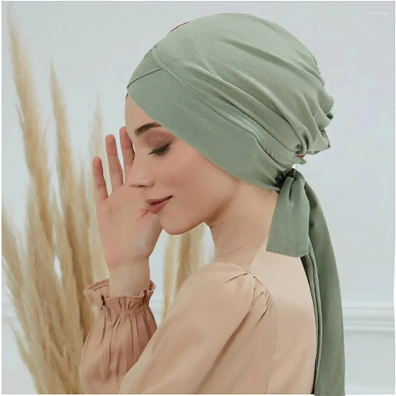Ethnic Clothing Muslim Women Hijab Forehead Cross Hat Turban Head Scarf Chemo Cancer Cap Hair Loss Long Tail Bow Bonnet Beanies Headscarf