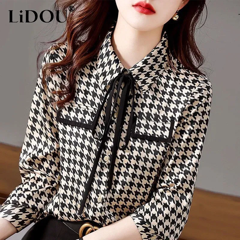 Lente Herfst Elegante Mode Houndstooth Print Lace Up Shirt Dames Lange Mouw Temperament All-Match Blouse Femme Vest Top 240308