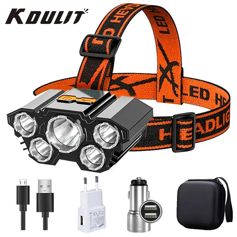 Notowanie do ładowania USB Przenośne 5 -LED reflektor Wbudowany w Batter Pochodnia Worka Work Fishing Camping Head 240306