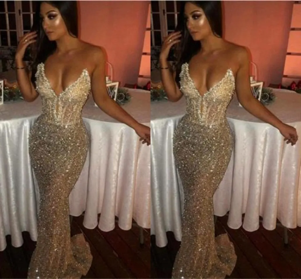 Sexy Bling chérie sirène sans manches paillettes brillant lumière Champagne robes de bal longue balayage train profond col en V robes de soirée BC1051