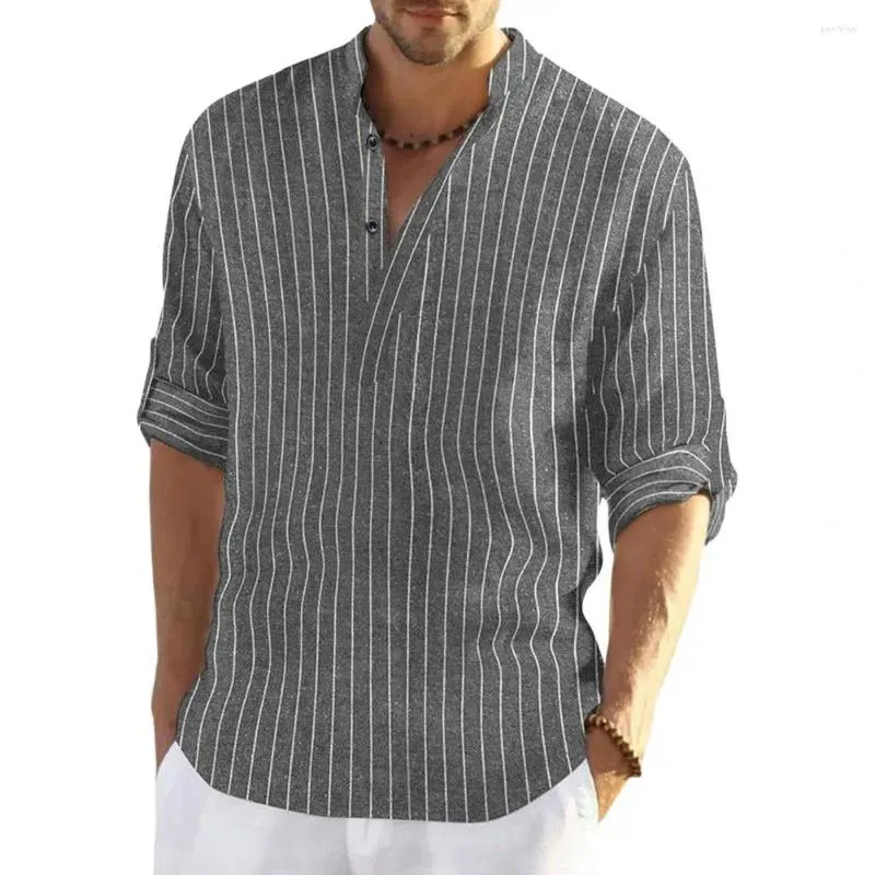 Chemises décontractées pour hommes, chemise à col montant, rayée élégante avec détails de boutons de manchette, haut d'automne pour un style confortable
