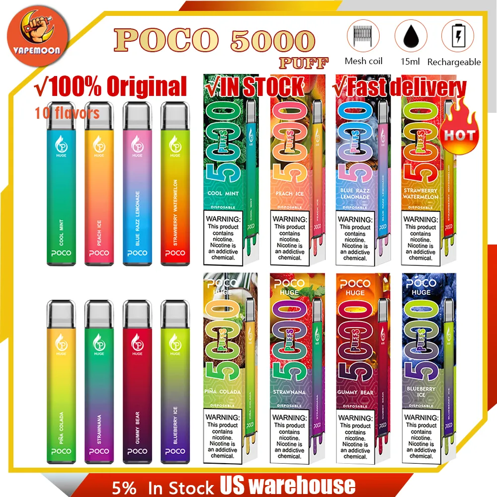 Magazzino statunitense Poco Huge 5000 puffs mesh coil Sigaretta elettronica monouso Vape con batteria da 950 mAh e cartuccia da 15 ml Vaper magazzino locale statunitense