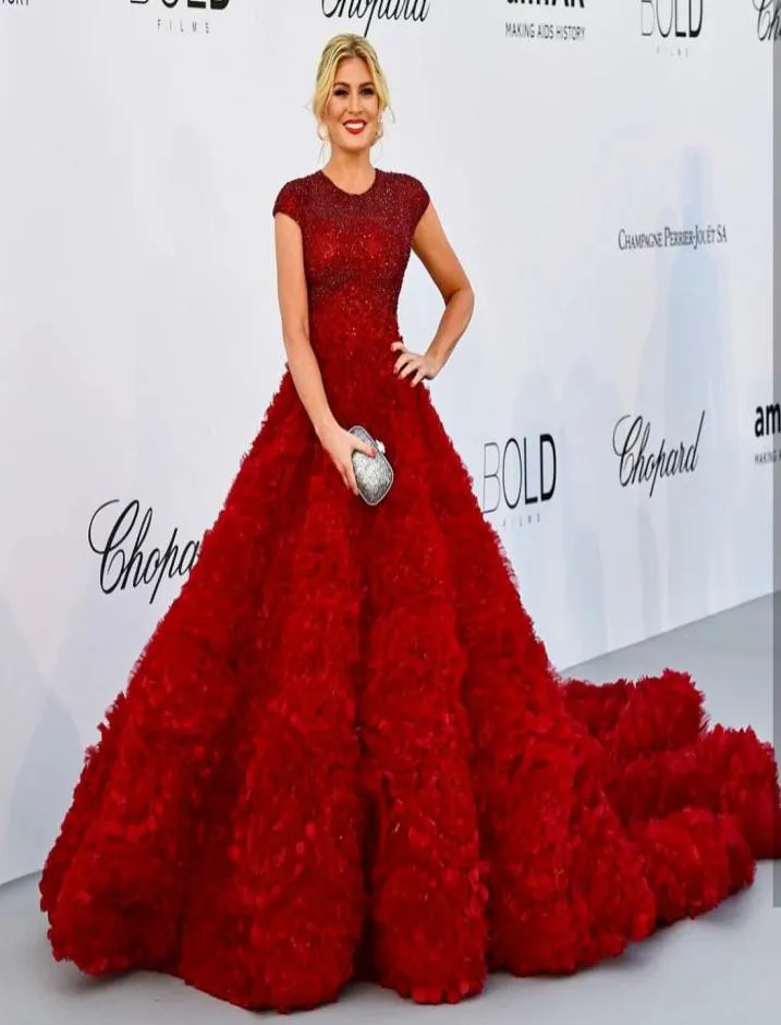 Michael Cinco Red Evening Dresses Short Sleeves Custom Made Sequins Appliqued Sweep Train Luxury Prom Gowns Red Carpet Dress5921788