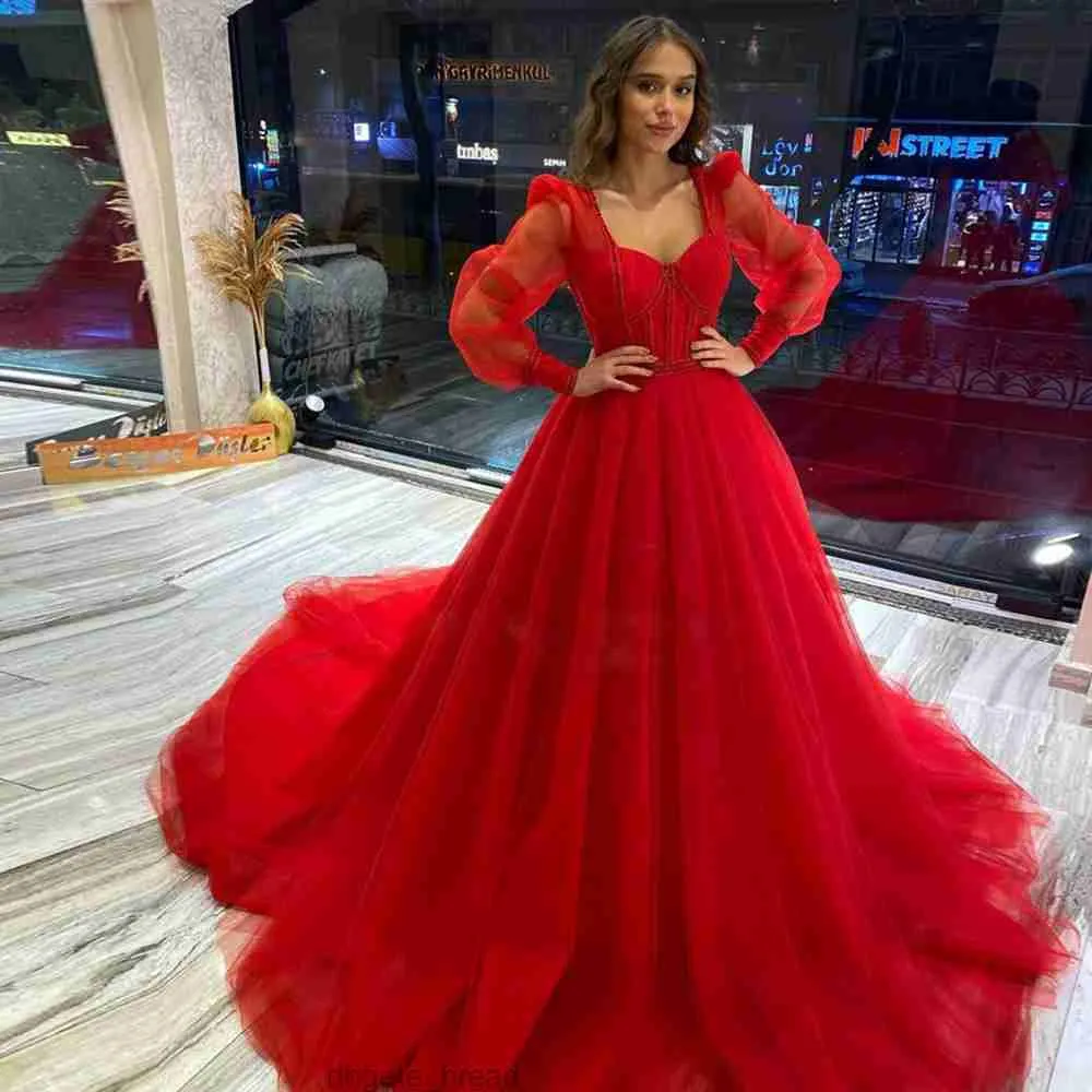 Red Boho Een lijn trouwjurken Puffy Sleeve Beading Bridal Jurk Sweetheart Tulle Vestido de Festa Plus Size