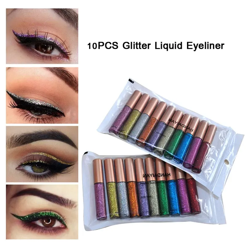 Eyeliner 10pcs/Set Shimmer Eyeliner Makeup Kosmetics Kolny lśniący brokat płynny płynny eyeliner