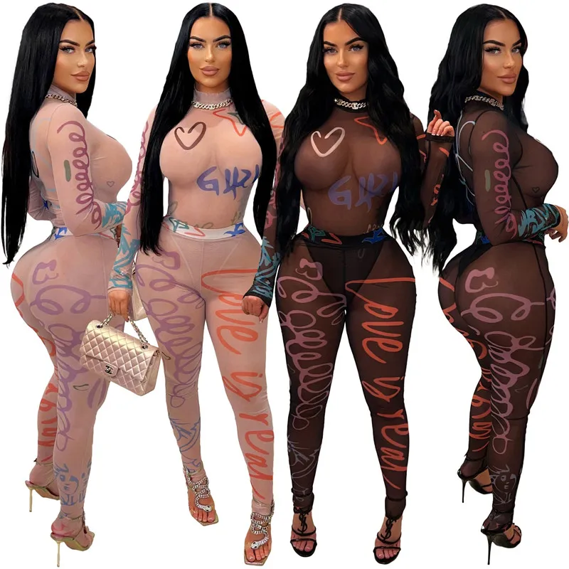 2024 Designer Tracksuits Sexy Malha Bodysuits Leggings Duas Peças Set Mulheres Primavera Manga Longa Sheer Impresso Outfits Ver através de roupas por atacado 10817