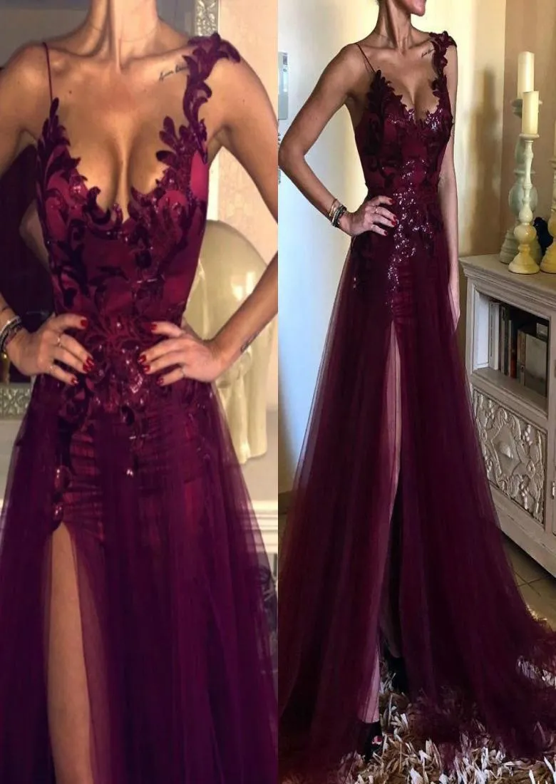 Elegante traube lila Spitze A-Linie Split Prom Kleider formelle Frauen Urlaub tragen Promi-Party Abendkleider Plus Größe nach Maß 1741395