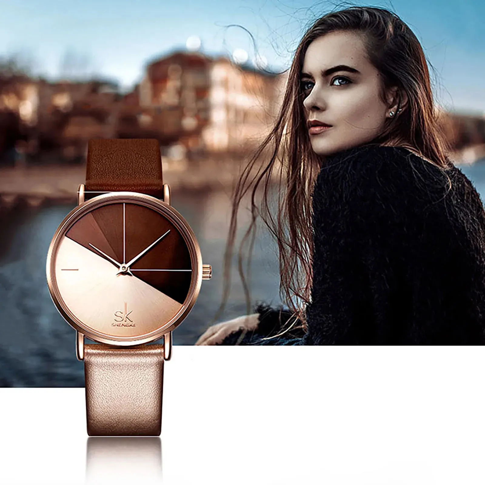 Womens Watch الموضة مزدوجة القرص التناظرية الكوارتز قهوة الحليب الاصطدام على نمط عارضة السيدات wristwatch التدرج اللون 240318