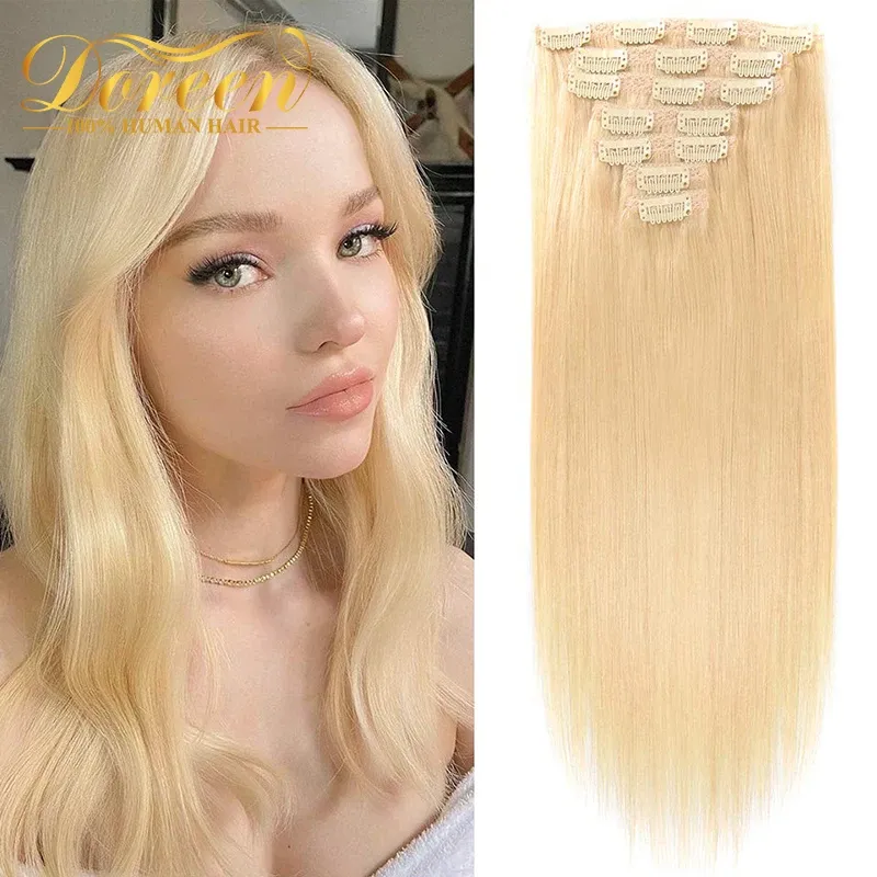 Extensions Doreen#613 White Blonde 160G Full Head Set Clip In Human Hair Extensions Brazilian Machine Made Remy Real Hair Straight 1426