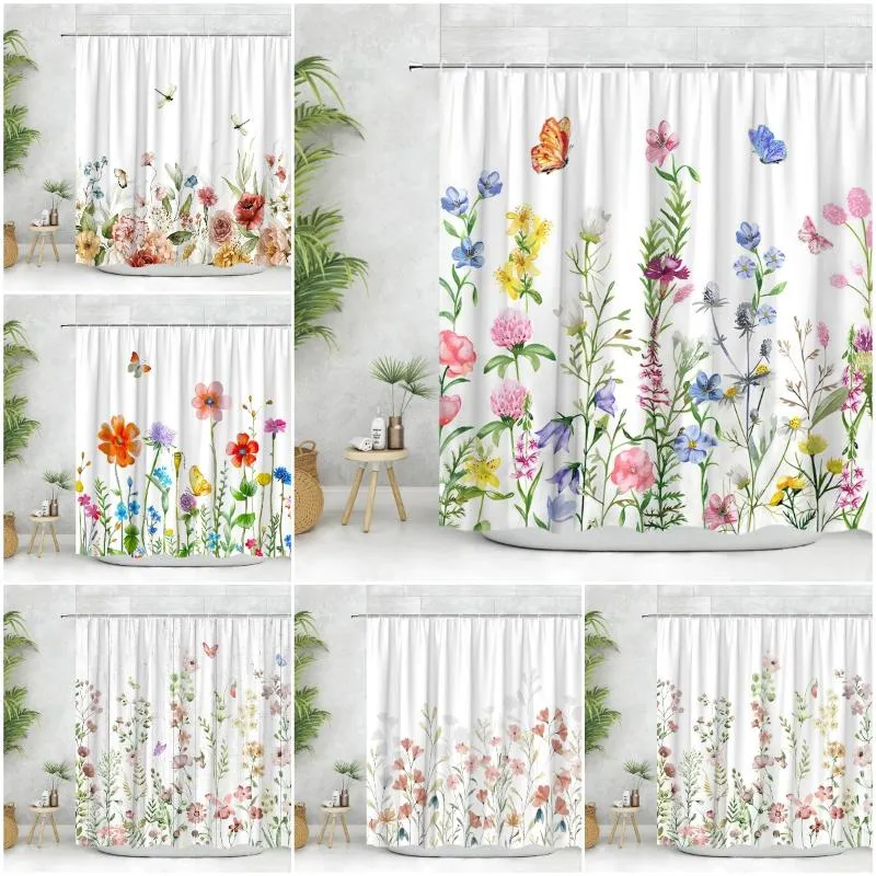 Shower Curtains Butterfly Flowers Green Plants Leaves Floral Watercolor Art Print Modern Nordic Home Decor Bathroom Curtain Sets