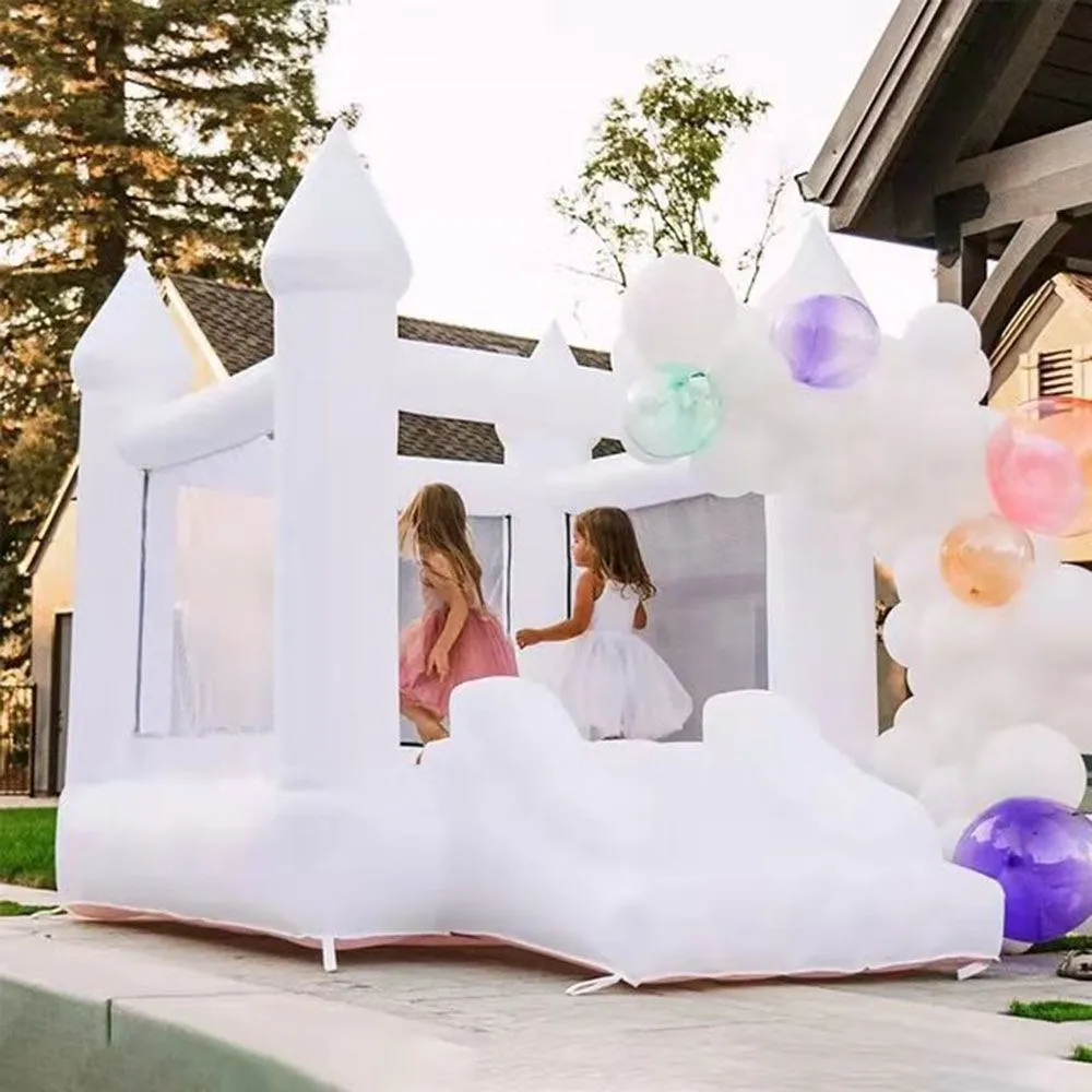 Barn studsar hus vit studsande uppblåsbar bröllopstopp som hoppar vuxen studsande slott för fest med fläktfri luftfrakt