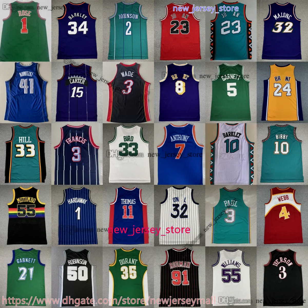 클래식 빈티지 농구 Iverson Jersey Malone Garnett Durant Anthony Thomas Hill Shady 313 Eminem Mutombo James McGrady Michael Bibby Ewing Stockton Wade Kemp