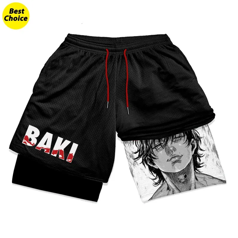 Anime baki hanma shorts de treino de ginástica para homens atlético secagem rápida 2 em 1 shorts de compressão fantasia cosplay 240313