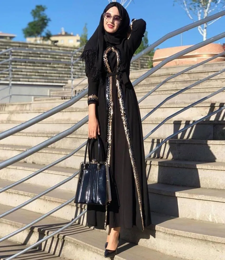 스팽글 트림 Kimono Abaya for Women 2021 Dubai Modest Eid Mubarak Moroccan Arabic Turkish Turkish Islamic Clothing Black6244469