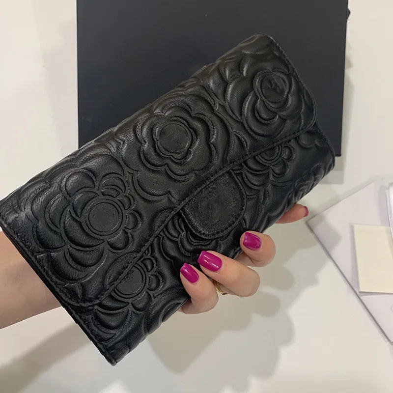 Womens Luxury Designer Classic Mini Flap Billfold Camellia Lambskin Long Wallet Bags Photo Credit Card Holder Gold SNAP Black Purse 31506 19X10CM