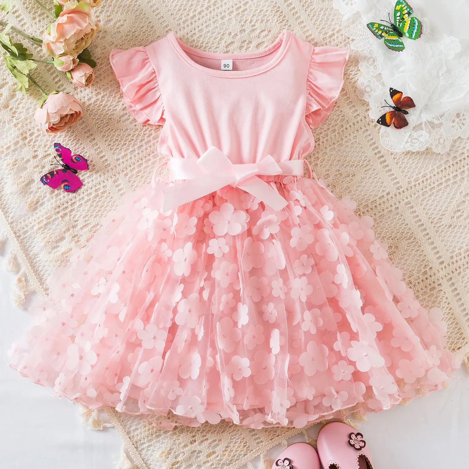 Été 3D fleur maille volants manches robe 15 ans enfant en bas âge filles fête d'anniversaire princesse Tutu mignon bébé vêtements 240311