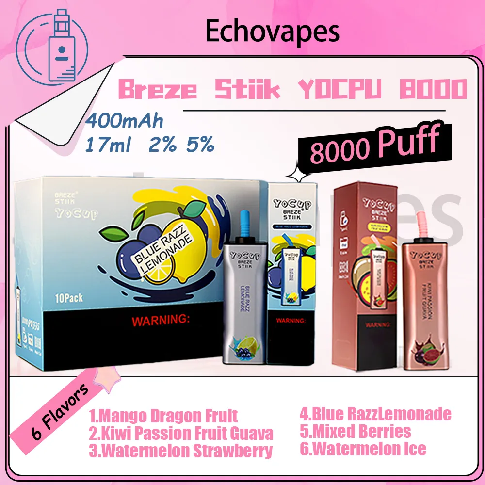 Orginal Breąe Stiik Yocup 8000 Puffs Djeńskie urządzenie Vape E-papierosy akumulator 600 mAh z światłami LED z e-ciecz wskaźnik akumulatora 8k 6 Smaki